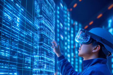 A technician in a VR headset analyzes data in a modern server room at night