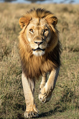Powerful male lion walking towards camera on the savannah