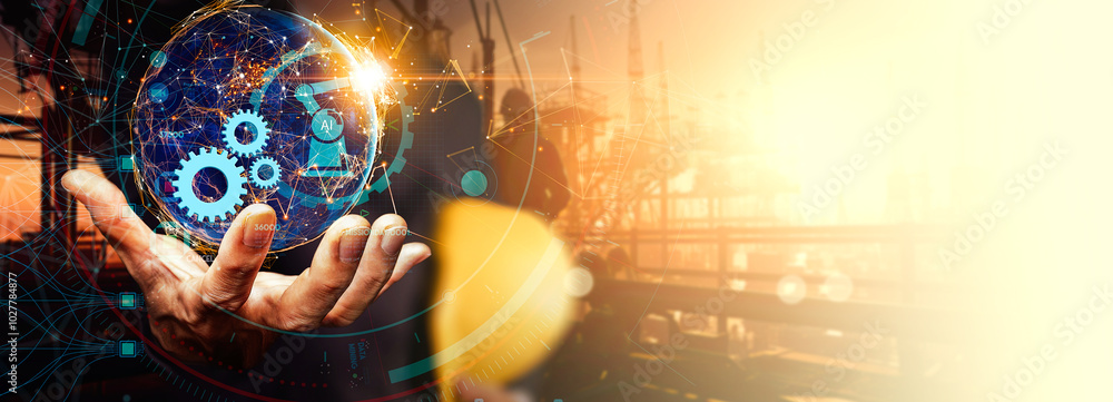 Poster A human hand holding a digital globe with gears and AI icons, symbolizing artificial intelligence and industrial technology..