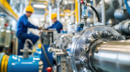 Industrial pipeline system being inspected by engineers in plant