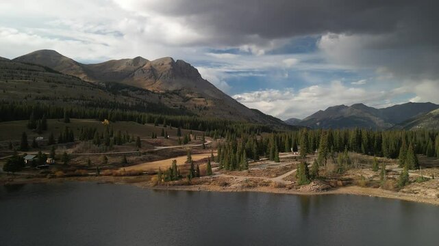 Aerial of Molas Lake and San Juan Mountains near Silverton Colorado at sunset