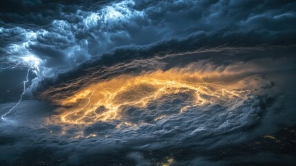 Fototapeta premium Satellite photo of a severe storm system with intricate cloud patterns and active lightning, highlighting the storm's scale