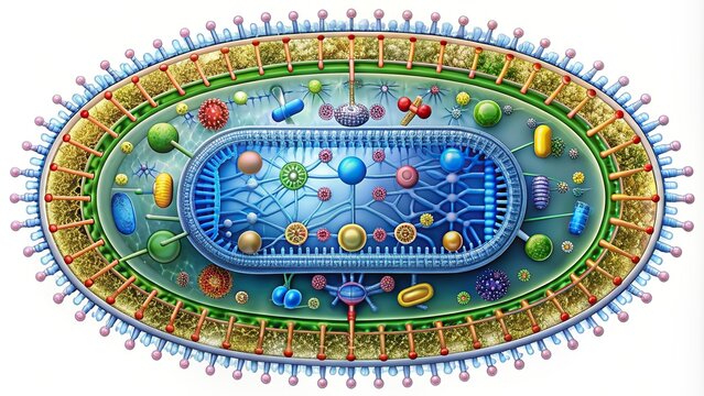 A detailed schematic diagram of the gene structure of a symmetrical prokaryotic microorganism illustrating the promoter region start and stop codons and functional genes
