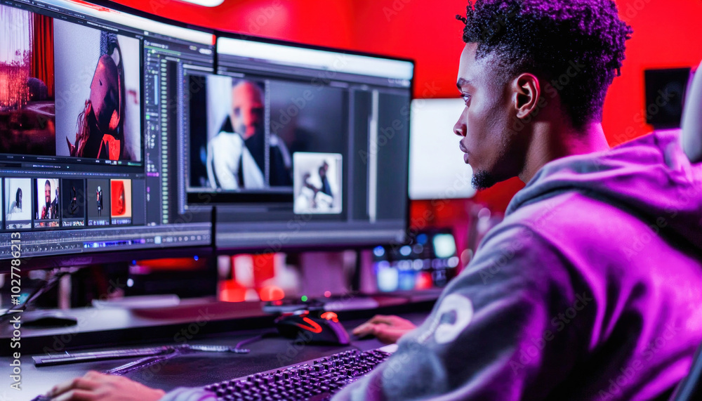 Poster video editor is working on his next movie project using professional software