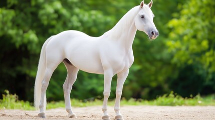 A white horse standing in a green bushes background.