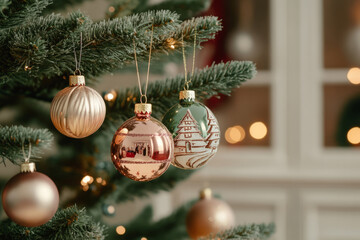 Vintage Christmas ornaments hang on a tree branch