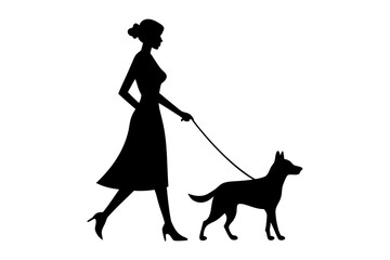 Woman with dog walking | vector silhouette illustration on white background