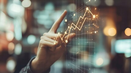 Successful business concept with a hand drawing an upward arrow on a transparent screen