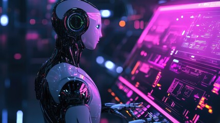 Fototapeta premium Advanced AI robot exploring digital controls on a tablet, modern workspace with sleek design and vibrant colors