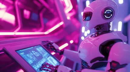 Fototapeta premium Advanced AI robot exploring interactive features on a tablet, futuristic tech lab with bright lighting
