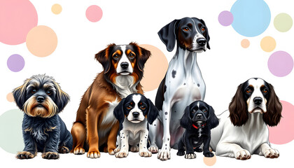 Banner. Purebred dogs, Bedlington Terrier, Sheltie, German Shorthaired Pointer, Maltipoo, and English Spaniel, posing against background with colorful circles. Concept of pet lovers, veterinary isol
