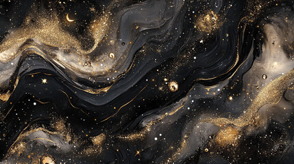 Abstract background with black and gold swirls and glitter
