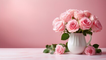 Naklejka premium beautiful bouquet flowers pink roses in vase on pastel pink background table birthday wedding mother s day valentine s day women s day front view