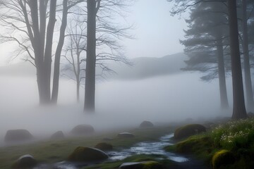Fototapeta premium Misty Forest Morning with Dense Fog and Mossy Rocks