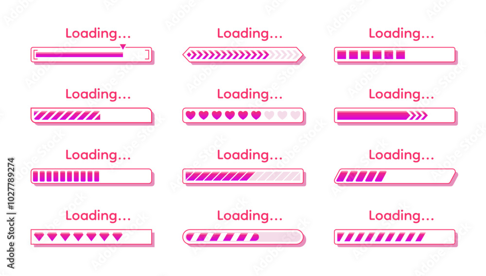 Poster Progress status. Ui graphic icon, flat download bar signor empty loader set. Upload backup, downloading or update elements for design. Pink girly romantic interface indicator. Vector templates