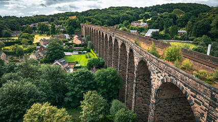 Rail viaduct going through the small town in Yorkshire, Denby Dale, Huddersfield, UK