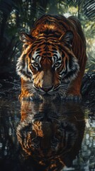 Tiger Drinking Water in Dense Jungle