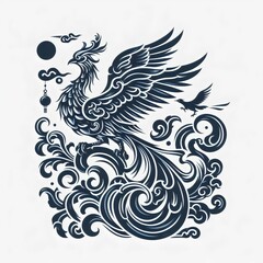 Black and white phoenix on white background