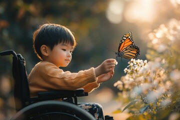 Young boy in a wheelchair gently reaching out to a monarch butterfly perched on a flower in a sunny garden