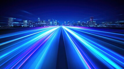 Obraz premium A long, straight highway leading towards a modern city skyline with bright lights and glowing streaks of speed.