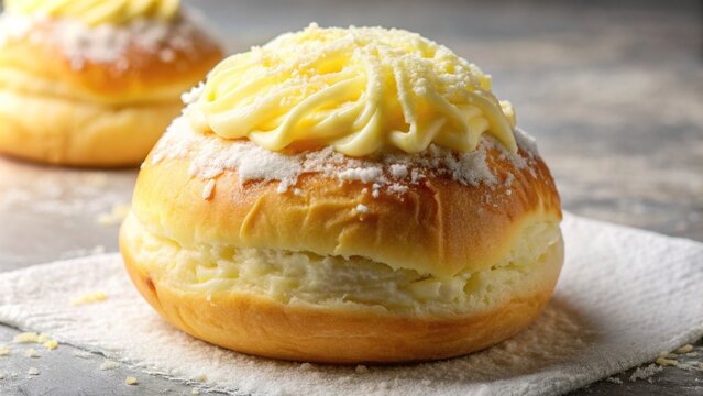 sweet bread, Filipino bread, ensaymada, bread, bakery, dessert, treat, fluffy, A close up photo of a Filipino style ensaymada a soft bread topped with margarine and white sugar