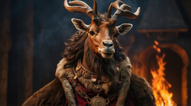 A dramatic, dark-fantasy image of a towering humanoid figure with a demonic appearance.