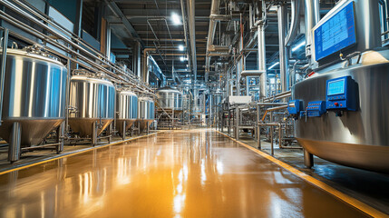 Fototapeta premium Modern Brewery Interior with Stainless Steel Tanks and Pipes