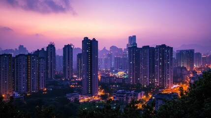 Naklejka premium A panoramic view of a city skyline at dusk, with tall buildings and a hazy sky.
