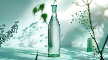 A green transparent glass bottle of white wine, Chinese white wine, simple and clean bottle shape, elegant blue, Generative AI illustrations.