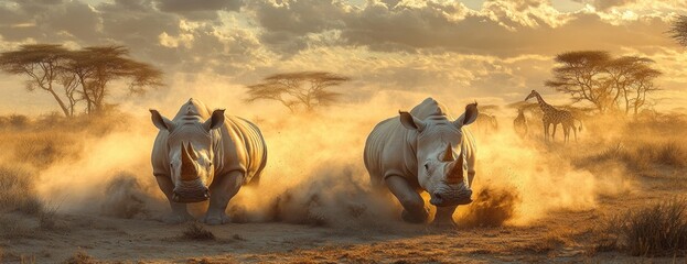 Two Rhinoceroses Running on a Dusty Trail in the African Savannah