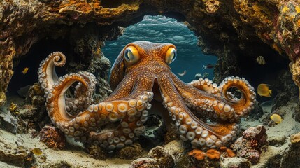 Octopus Resting in Rocky Underwater Tunnel Surrounded by Fish