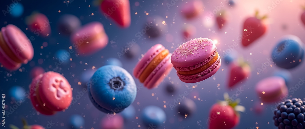 Poster a delightful arrangement of colorful macarons and fresh berries appears to float against a dreamy, s