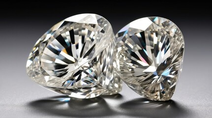 Two large, brilliantly cut diamonds are positioned on a white background