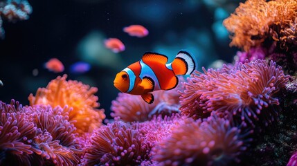 Clownfish Swimming Among Colorful Coral and Sea Anemones