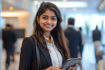 Fototapeta premium A smiling Indian business woman in business attire holding a tablet while standing in a modern office environment