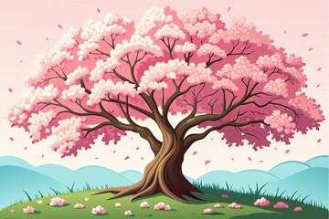A majestic cherry blossom tree in full bloom, creating a canopy of delicate pink flowers