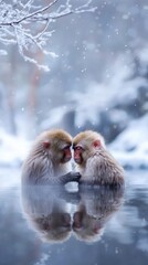 Fototapeta premium Japanese Macaques Soaking in Hot Springs in Winter Forest