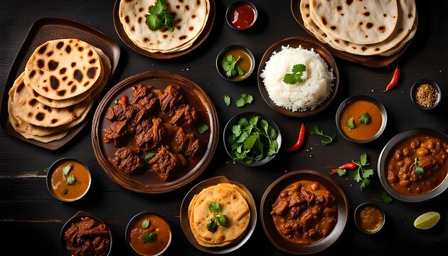 Kerala Porotta and beef curry, Malabari Parotta, meat roast dark black background India. Popular street food use Maida flour in Kerala, Tamil Nadu, Sri lanka. Top view of South Indian breakfast, snack