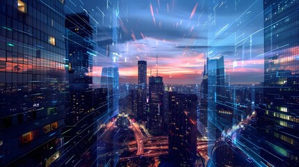 A night view of the city skyline with illuminated buildings, including down town and neon signs, with black skyscrapers and gray office towers in downtown, Generative AI illustrations.
