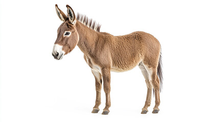 Cute Brown Donkey Standing Isolated on White Background