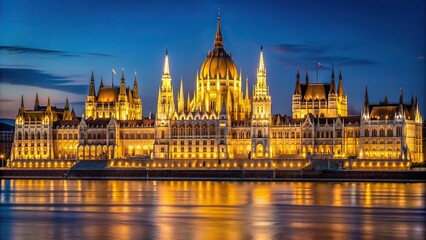 Fototapeta premium riverside, government, Danube, building, landmark, politics, illuminated, Parliament building in Budapest illuminated at night showcasing its stunning asymmetrical architecture