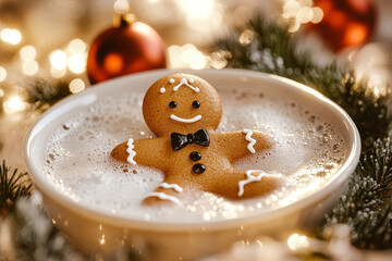 Gingerbread Man Floating in a Cup of Milk, Cozy Holiday Scene