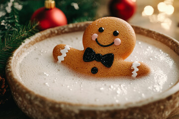 Smiling Gingerbread Man Floating in a Foamy Milk Bowl, Festive Christmas Scene