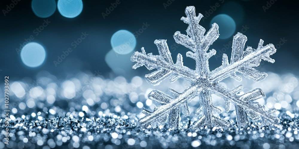 Poster a close-up of a snowflake against a sparkly background.