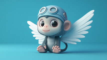 Obraz premium Cute Cartoon Monkey with Wings and Goggles 3D Render Illustration