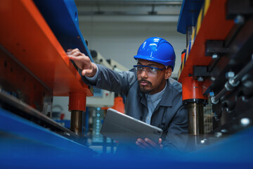 Engineer, with a blue helmet and safety glasses, checking manufacturing machinery, regulating the...