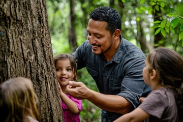 Fototapeta premium Hispanic teacher is explaining something in nature to three young girls while standing by a tree trunk in a forest
