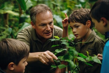 Fototapeta premium Group of school children are learning about plants in the forest with their teacher