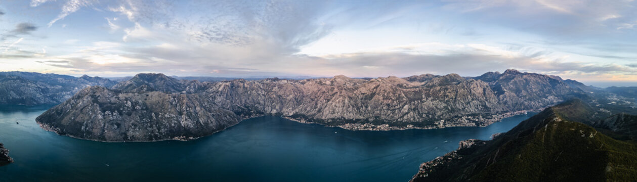 Professional panorama. Bird's eye view of the Bay of Boko-Kotor and the Orjen mountain range. Huge mountain range
