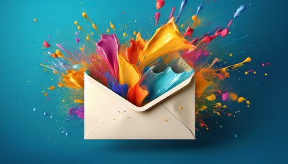 A burst of vibrant colors erupts from a white envelope, forming a dynamic and eye-catching image that embodies creativity and artistic flair